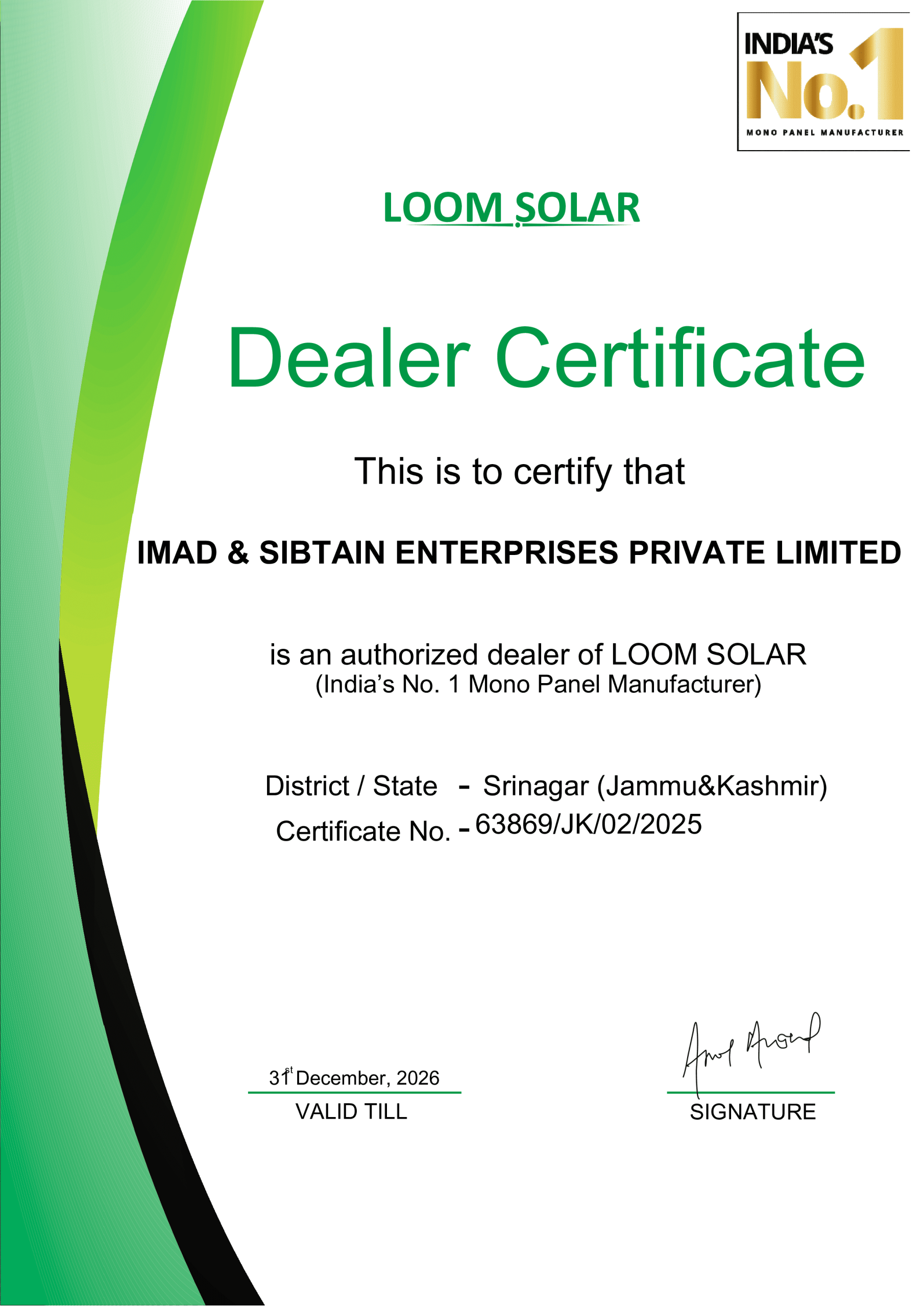 Dealer certificate